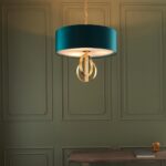 Stylish Double Hoop 3 Light Ceiling Pendant Gold Leaf 60cm Teal Shade