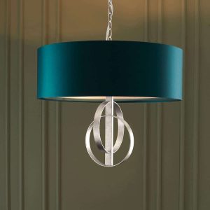 Double hoop 3 light pendant in silver leaf with 60cm teal shade main image