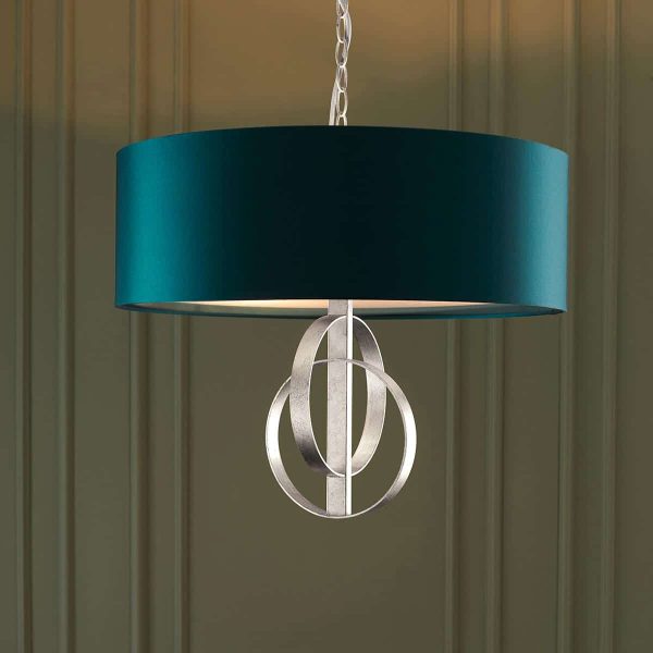 Stylish Double Hoop 3 Light Ceiling Pendant Silver Leaf 60cm Teal Shade