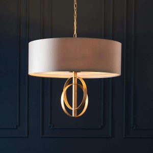 Double hoop 5 light pendant in gold leaf with 70cm mink shade main image