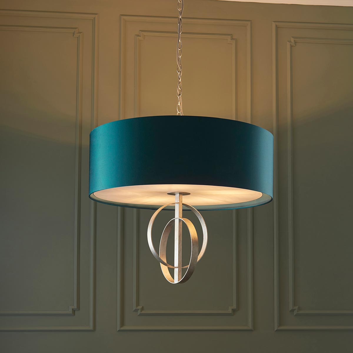 Stylish Double Hoop 5 Light Ceiling Pendant Silver Leaf 70cm Teal Shade