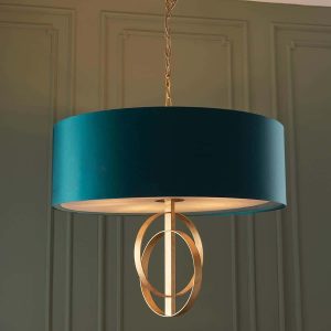 Double hoop 5 light pendant in gold leaf with 70cm teal shade main image