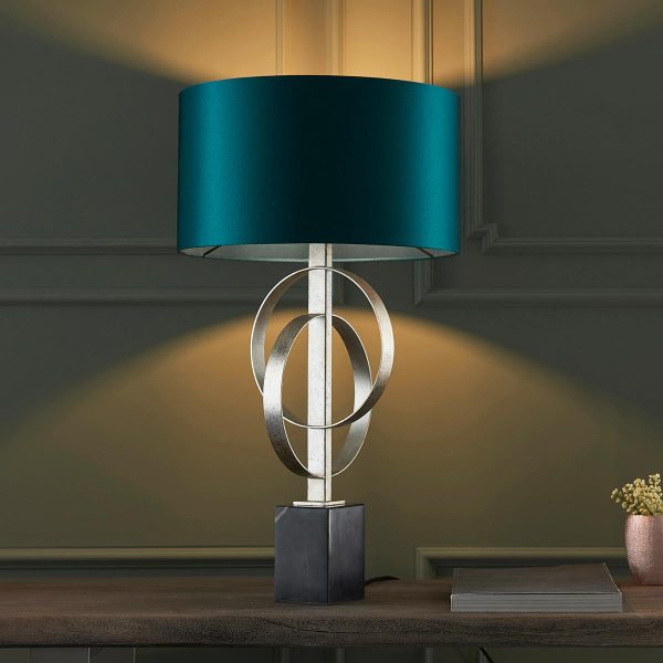 Double Hoop Silver Leaf 1 Light Table Lamp Black Marble Base Teal Shade