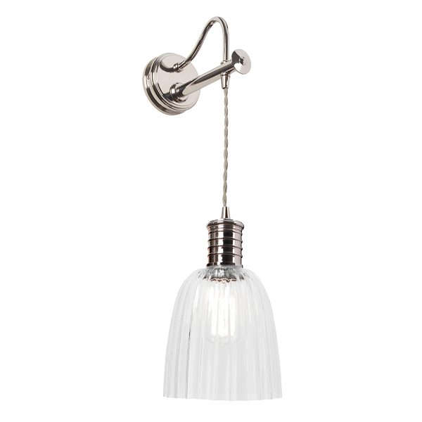 Elstead Douille 1 light hanging wall light in polished nickel shown with shade on white background.