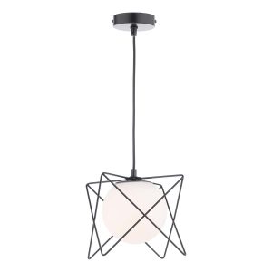 Dreyson single light pendant in matt black with opal glass shade, on white background lit