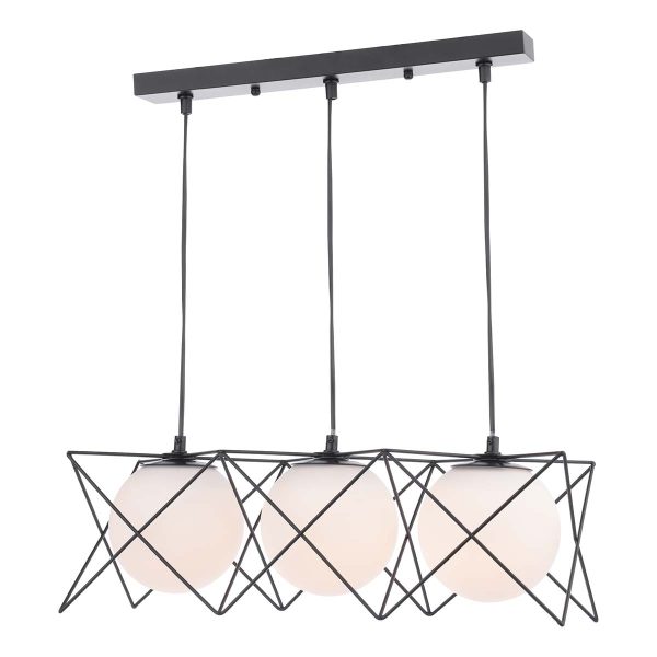 Dreyson 3 light bar pendant in matt black with opal glass shades, on white background lit