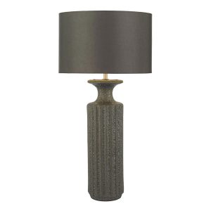 Dugan ceramic table lamp with volcanic lava glaze and grey shade on white background