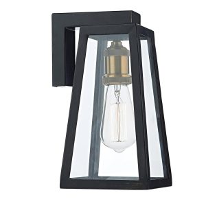 Duval single outdoor wall light in matt black and distressed gold on white background