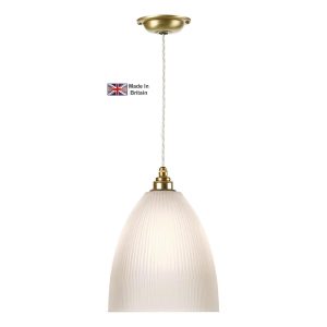 Duxford British made pendant light in solid butter brass with satin glass shade
