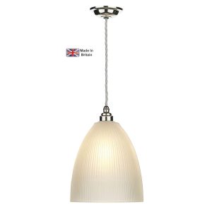 Duxford British made pendant light in polished chrome with satin glass shade