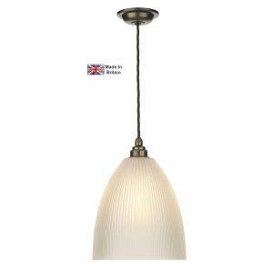 Duxford British made pendant light in solid antique brass with satin glass shade