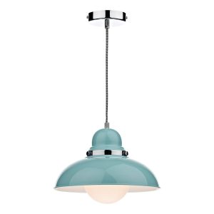 Dynamo blue 1 light ceiling pendant with chrome detail on white background
