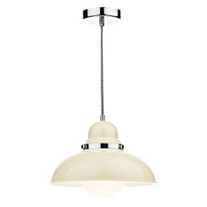 Dynamo 1 light cream ceiling pendant with chrome detail on white background