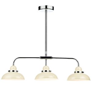 Dynamo cream 3 light bar pendant with chrome detail on white background