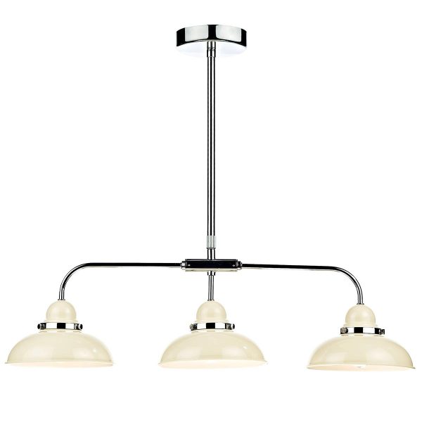 Dynamo cream 3 light bar pendant with chrome detail on white background