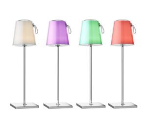 Dar Egor rechargeable table lamp in chrome with colour change LED showing different colours