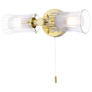 Elba 2 lamp switched bathroom wall light in polished gold, on white background lit