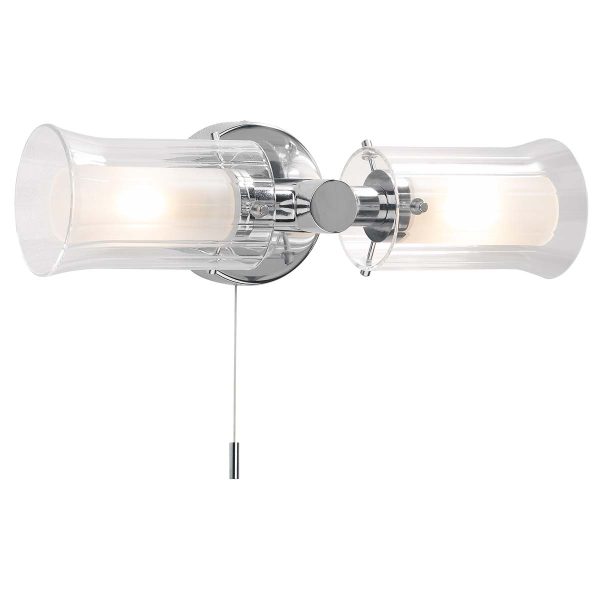 Elba 2 lamp switched bathroom wall light in polished chrome, on white background lit