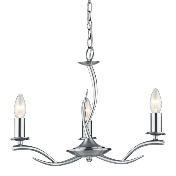 Elka 3 arm chandelier ceiling light in satin chrome on white background