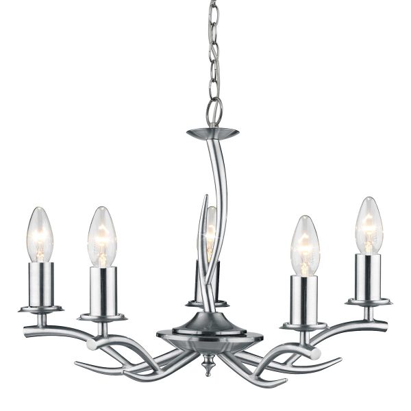 Elka 5 arm chandelier ceiling light in satin chrome on white background