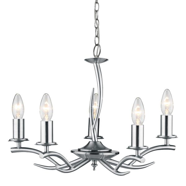 Elka 5 arm chandelier ceiling light in satin chrome on white background