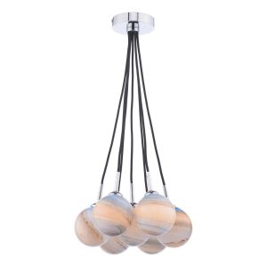 Elpis 7 light cluster pendant with planet glass globe shades and chrome detail on white background