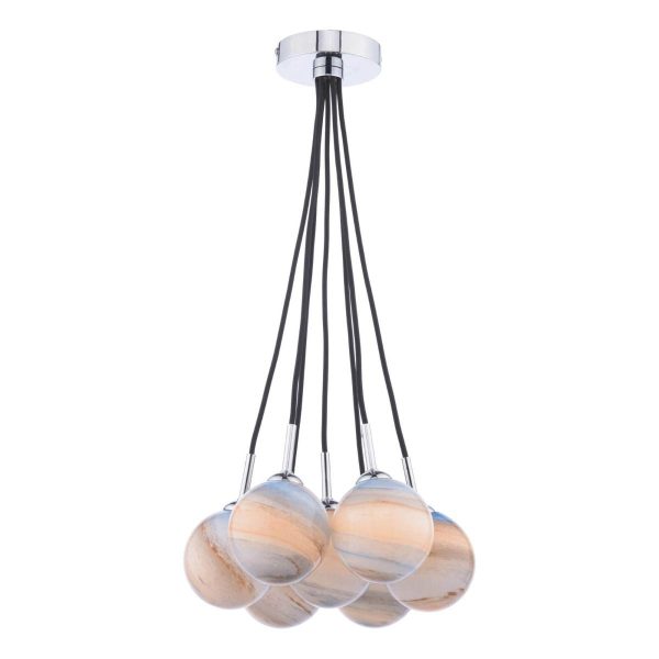 Elpis 7 light cluster pendant with planet glass globe shades and chrome detail on white background