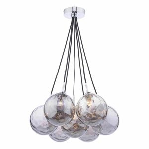 Elpis 7 light cluster pendant with smoked glass dimple globes on white background