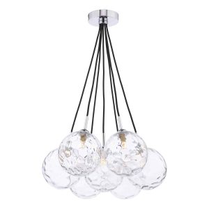 Elpis 7 light cluster pendant with clear glass dimple globes on white background