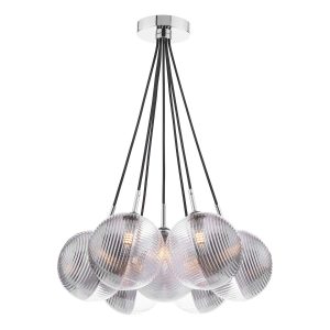 Elpis 7 light cluster pendant with smoked and clear ribbed glass on white background lit