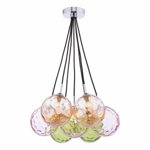 Elpis 7 light cluster pendant with mixed colours dimple glass globes on white background