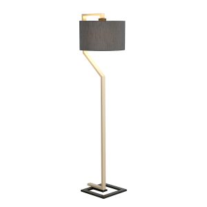 Elstead Axios cream & grey modern floor lamp with grey faux silk shade lit