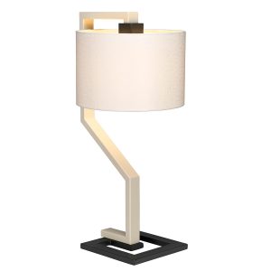 Elstead Axios cream & grey modern table lamp with ivory faux silk shade lit