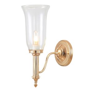 Carroll Edwardian bathroom wall light in rose gold with storm glass shade