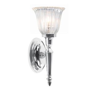 Dryden bathroom wall light in polished chrome with ribbed fluted glass shade