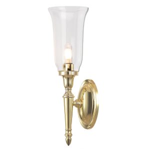 Dryden bathroom wall light in polished solid brass with storm glass shade
