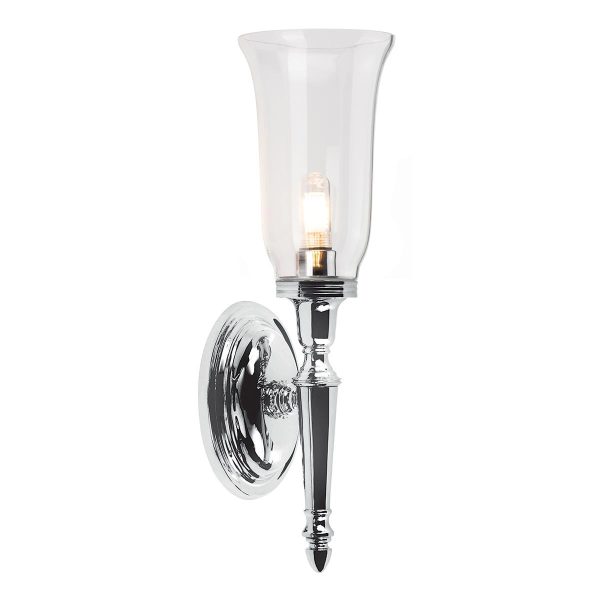 Dryden bathroom wall light in polished chrome with storm glass shade