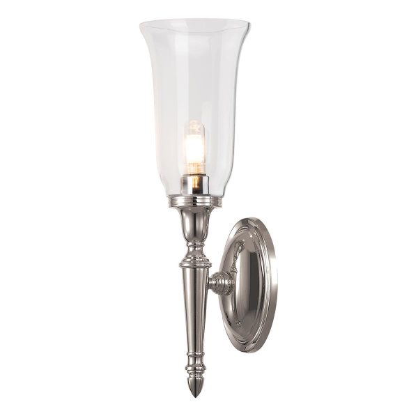 Dryden bathroom wall light in polished nickel with storm glass shade
