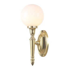 Dryden bathroom wall light in polished solid brass with opal glass globe shade