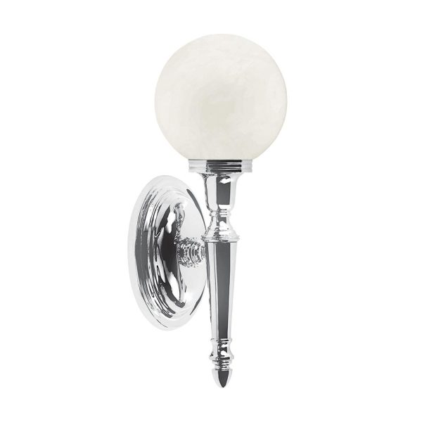 Dryden bathroom wall light in polished chrome with opal glass globe shade