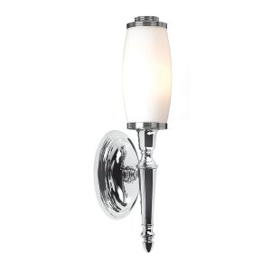 Dryden bathroom wall light in polished chrome with opal glass cylinder shade