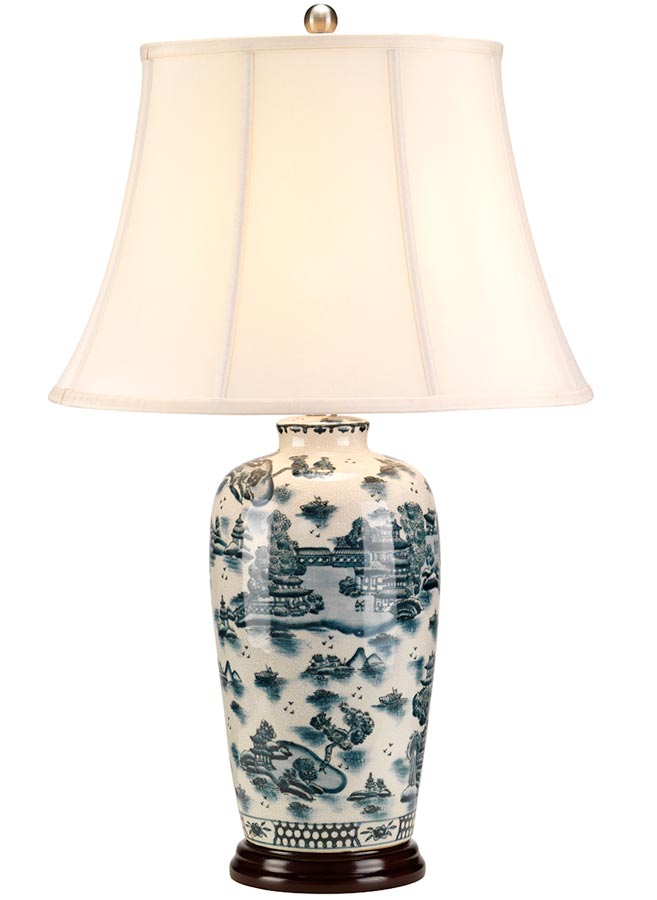 Large Blue & White Traditional Ceramic Table Lamp Cream Shade