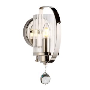 Cassie single polished nickel wall light with ribbed glass shade and crystal drop