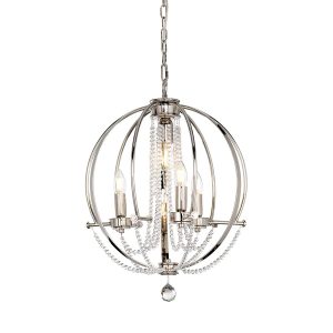 Cassie 4 light polished nickel globe chandelier pendant with crystal swags