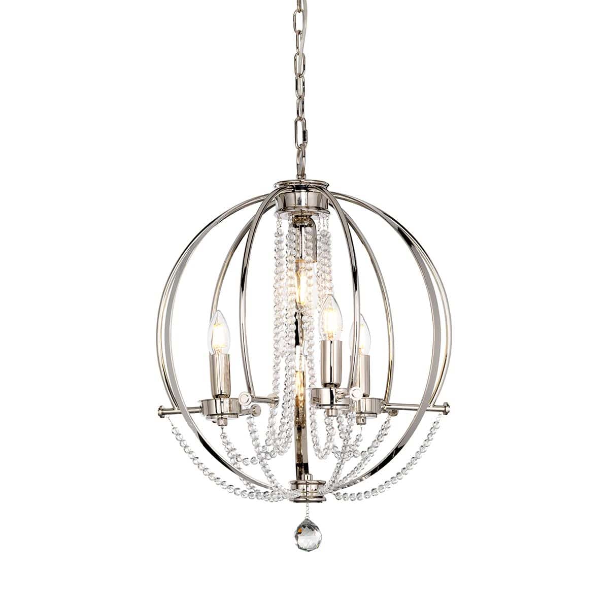 Elstead Cassie 4 Light Polished Nickel Globe Chandelier Crystal Swags