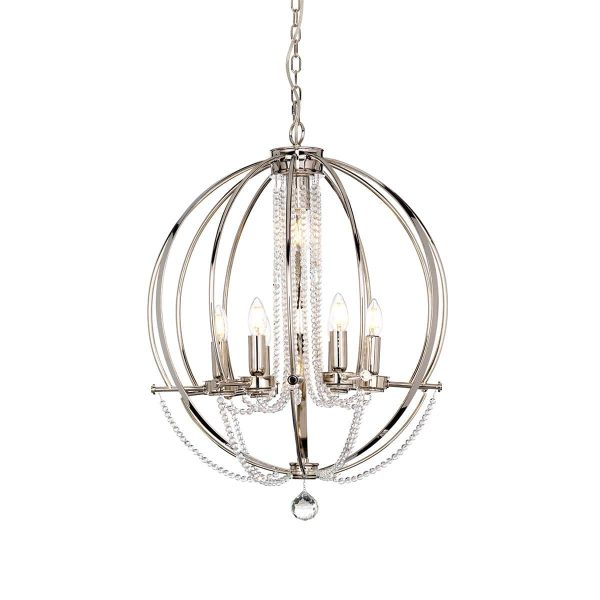 Cassie 7 light polished nickel globe chandelier pendant with crystal swags