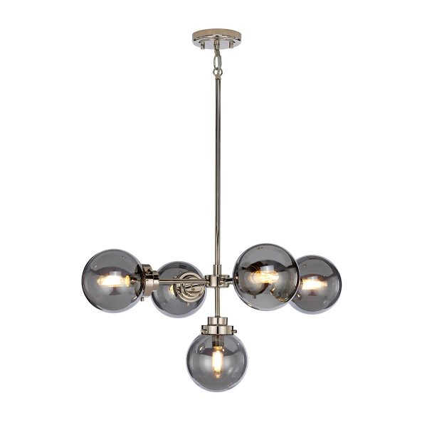 Elstead Kula polished nickel 9 light chandelier with mirror globe shades