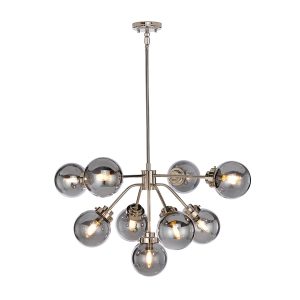 Elstead Kula polished nickel 9 light chandelier with mirror globe shades full height