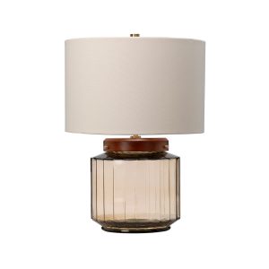 Elstead Luga recycled smoked glass 1 light table lamp with dark wood detail
