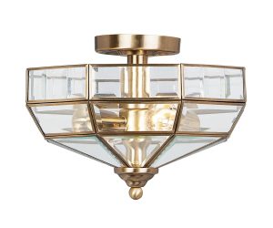 Old Park 2 light semi-flush ceiling lantern in solid antique brass